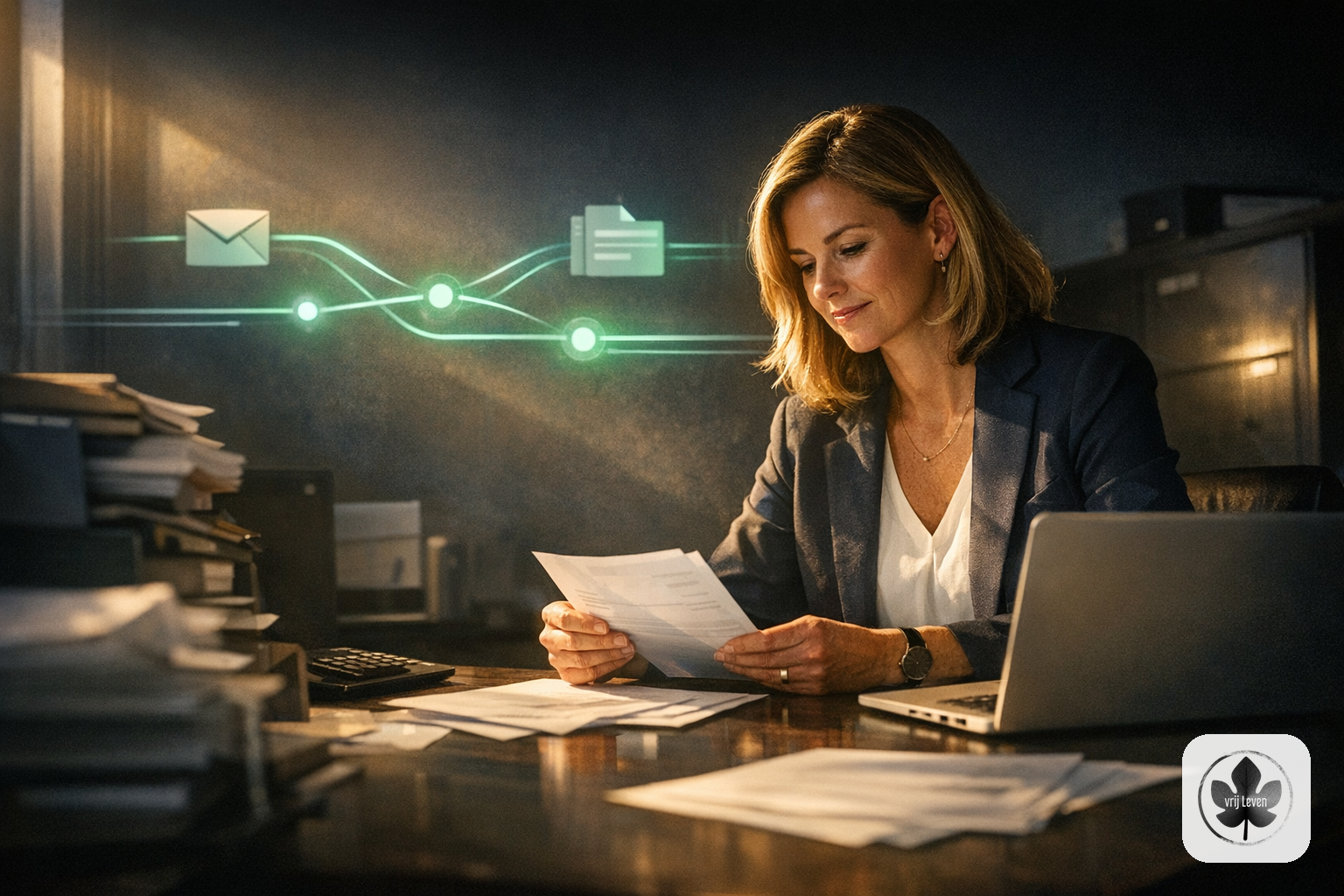 Merkbeeld voor VrijLeven: an administration office where invoices, emails and client questions arrive cleanly pre-sorted with human approval moments highlighted