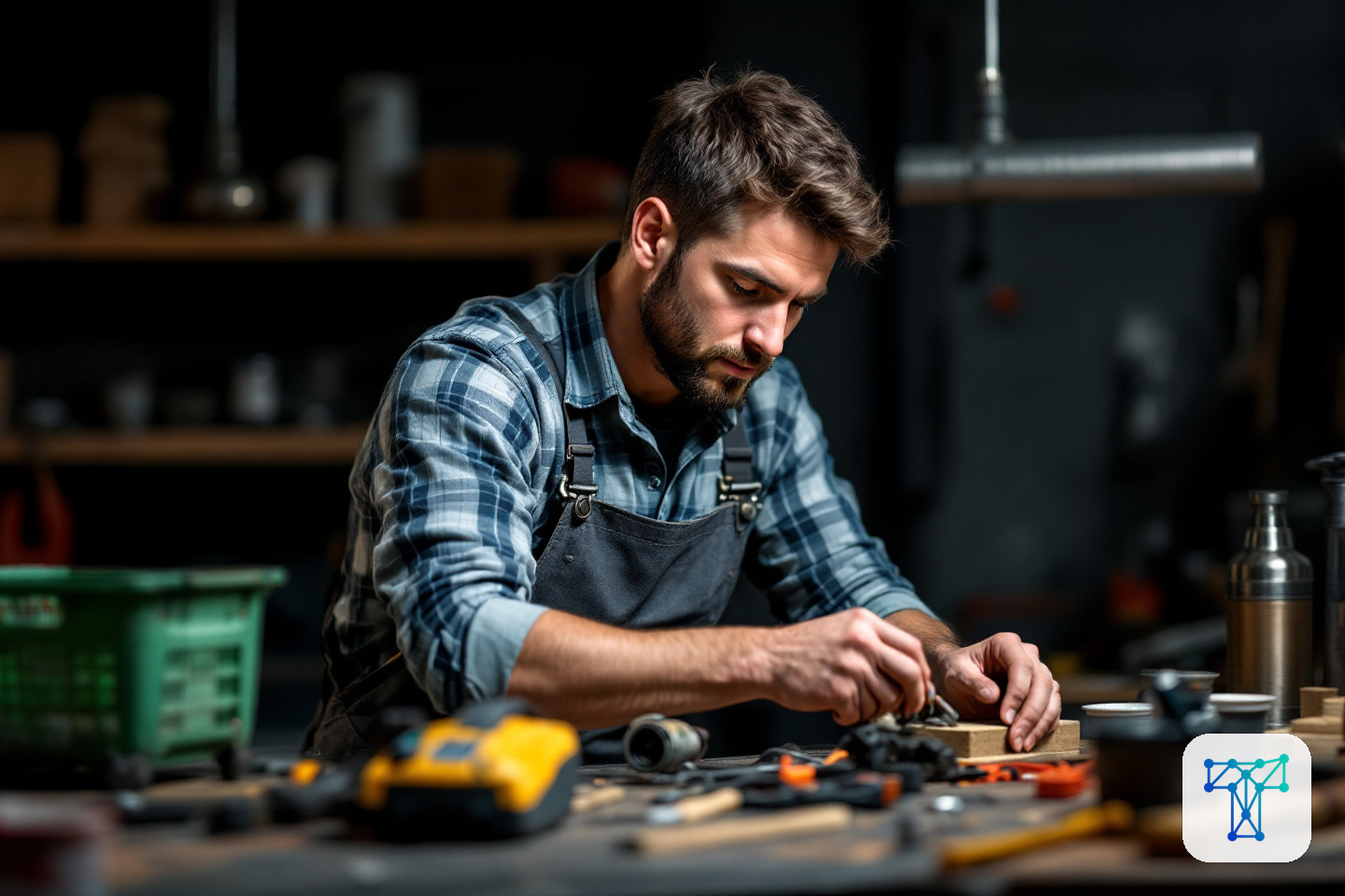 Merkbeeld voor Taklo: a mechanic focused on real installation work while Taklo quietly handles incoming calls, messages and route planning as background layers
