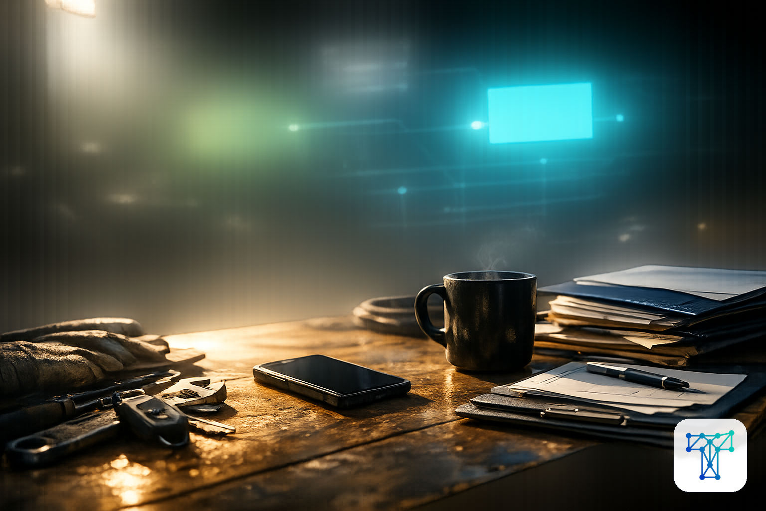 Merkbeeld voor Taklo: a starter trades business leaving evening administration behind as messages, invoices and job cards are cleared by Taklo in the background