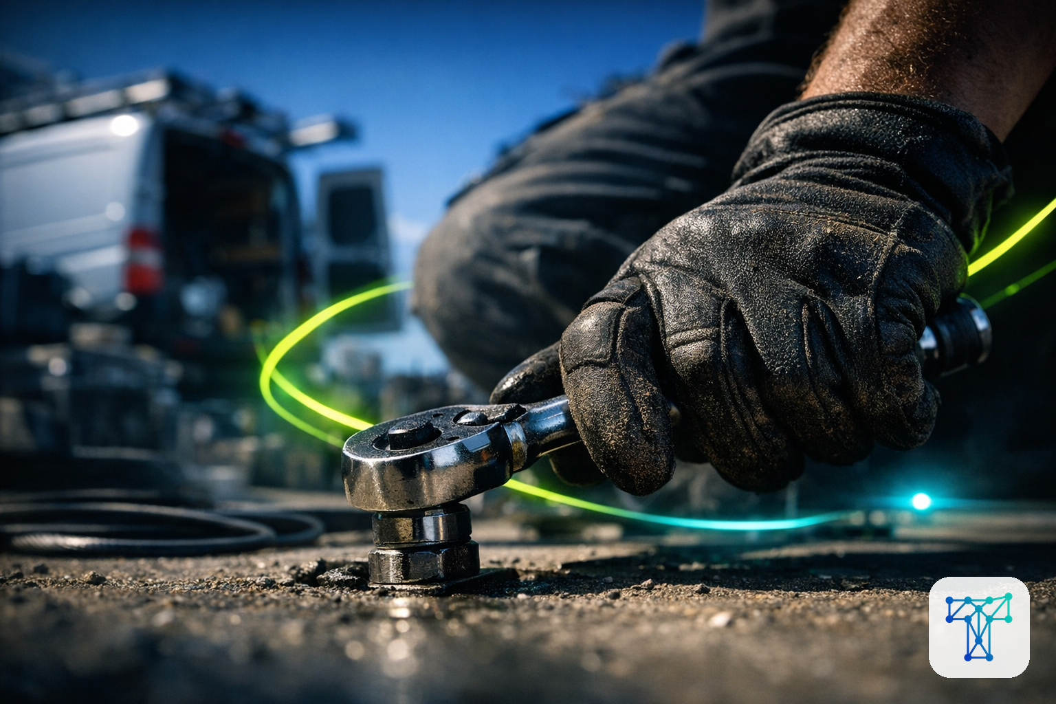 Merkbeeld voor Taklo: a vakman finishing a job while quote, signed work order and invoice move automatically through calm background panels