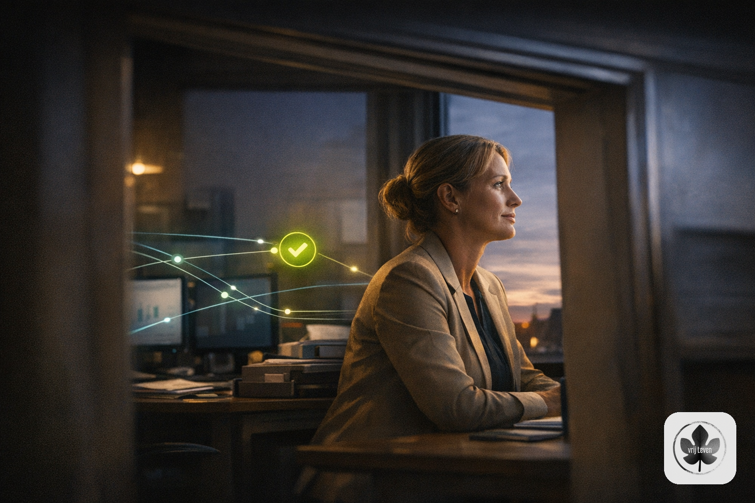 Merkbeeld voor VrijLeven: an administration office where invoices, emails and client questions arrive cleanly pre-sorted with human approval moments highlighted