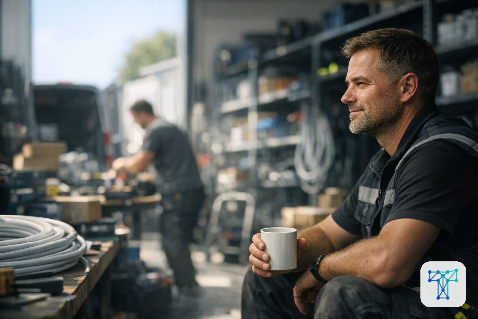 Merkbeeld voor Taklo: an installer preparing materials while work orders, stock and supplier flows are handled by an invisible back-office team