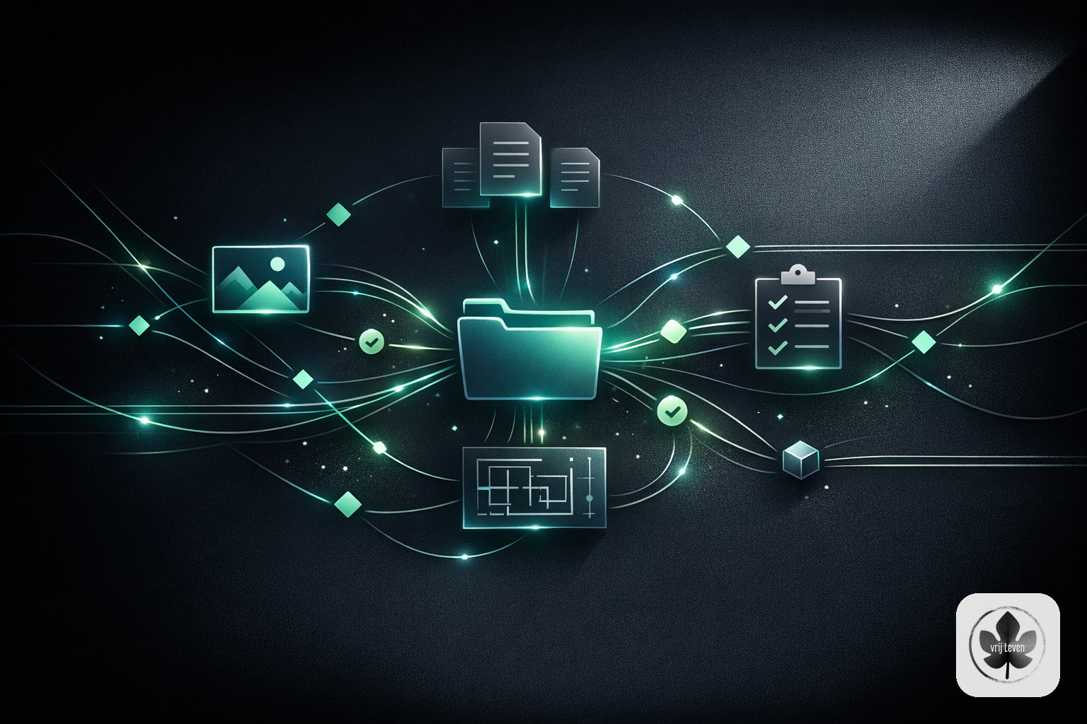 Merkbeeld voor VrijLeven: a construction or technical service planning table where requests, photos and documents are automatically structured before the team starts work