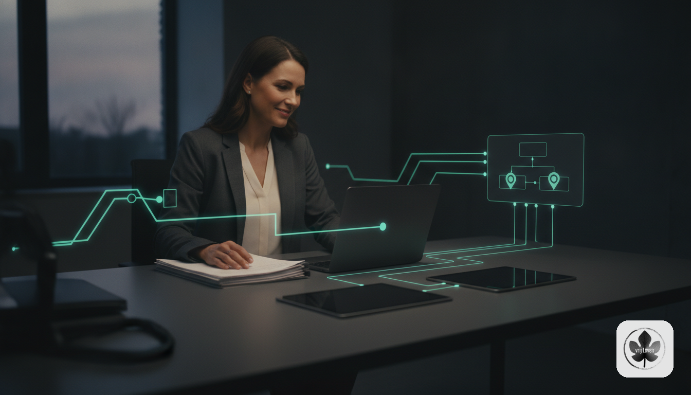 Merkbeeld voor VrijLeven: an administration office where invoices, emails and client questions arrive cleanly pre-sorted with human approval moments highlighted