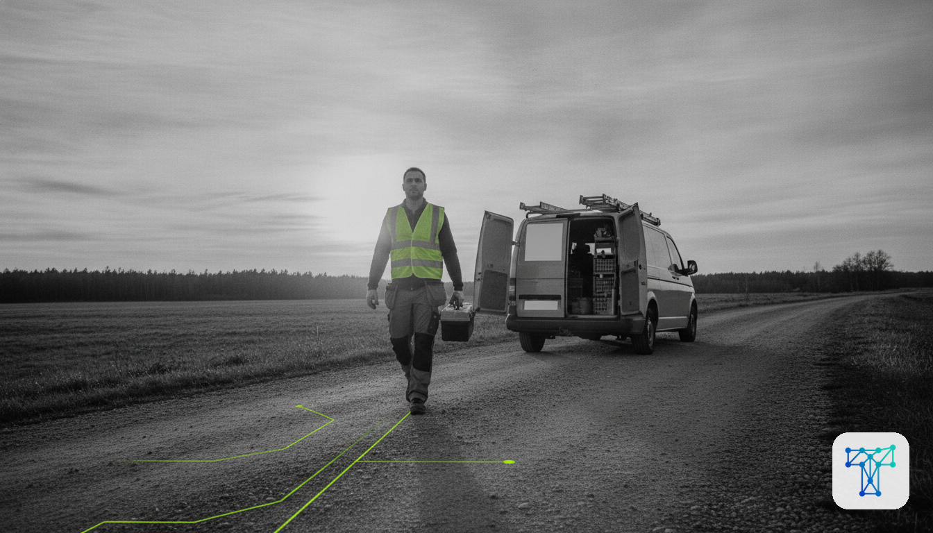 Merkbeeld voor Taklo: an installer preparing materials while work orders, stock and supplier flows are handled by an invisible back-office team