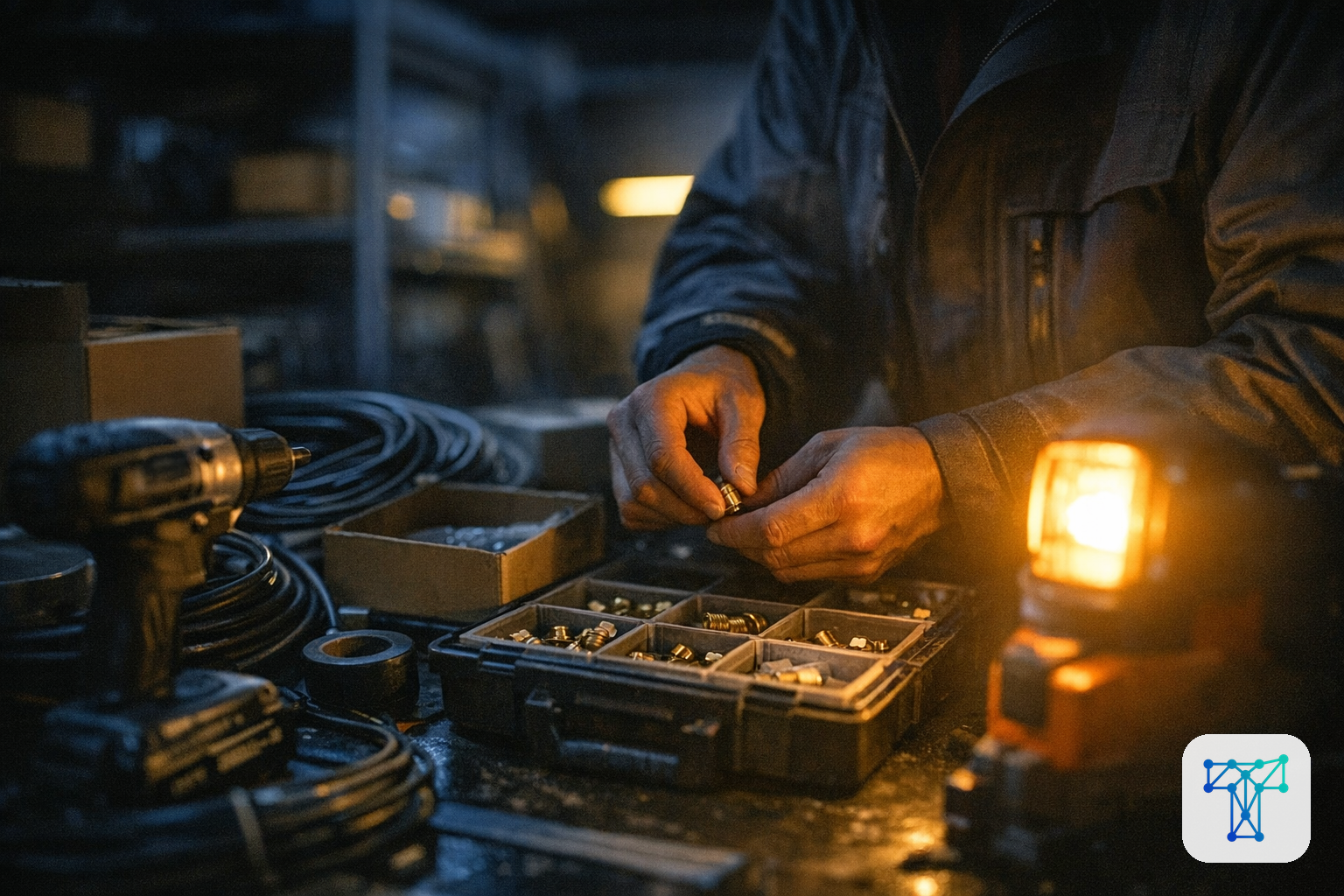 Merkbeeld voor Taklo: an installer preparing materials while work orders, stock and supplier flows are handled by an invisible back-office team