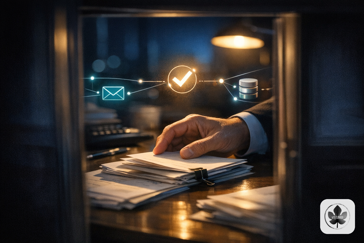Merkbeeld voor VrijLeven: an administration office where invoices, emails and client questions arrive cleanly pre-sorted with human approval moments highlighted