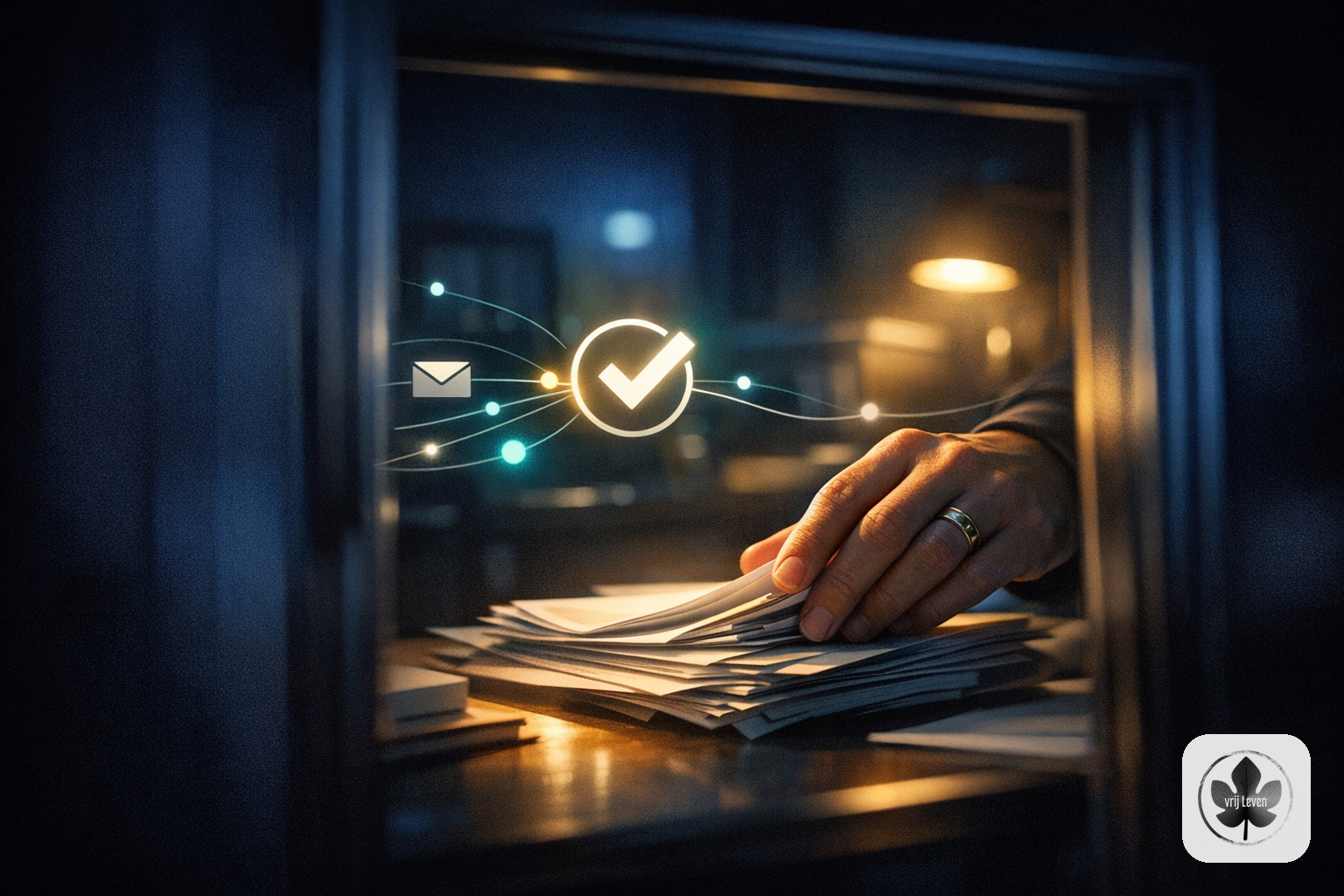 Merkbeeld voor VrijLeven: an administration office where invoices, emails and client questions arrive cleanly pre-sorted with human approval moments highlighted