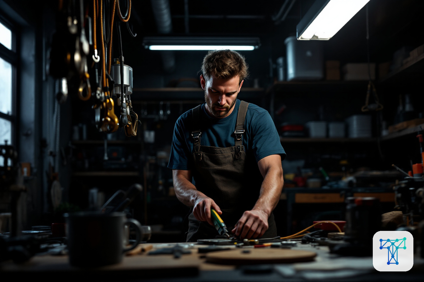 Merkbeeld voor Taklo: an installer preparing materials while work orders, stock and supplier flows are handled by an invisible back-office team