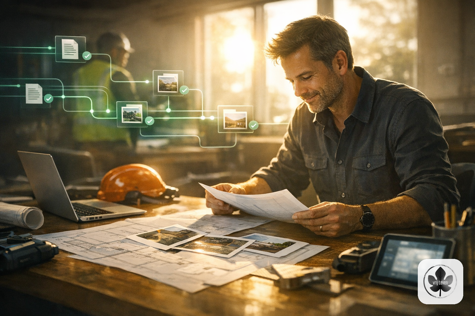 Merkbeeld voor VrijLeven: a construction or technical service planning table where requests, photos and documents are automatically structured before the team starts work