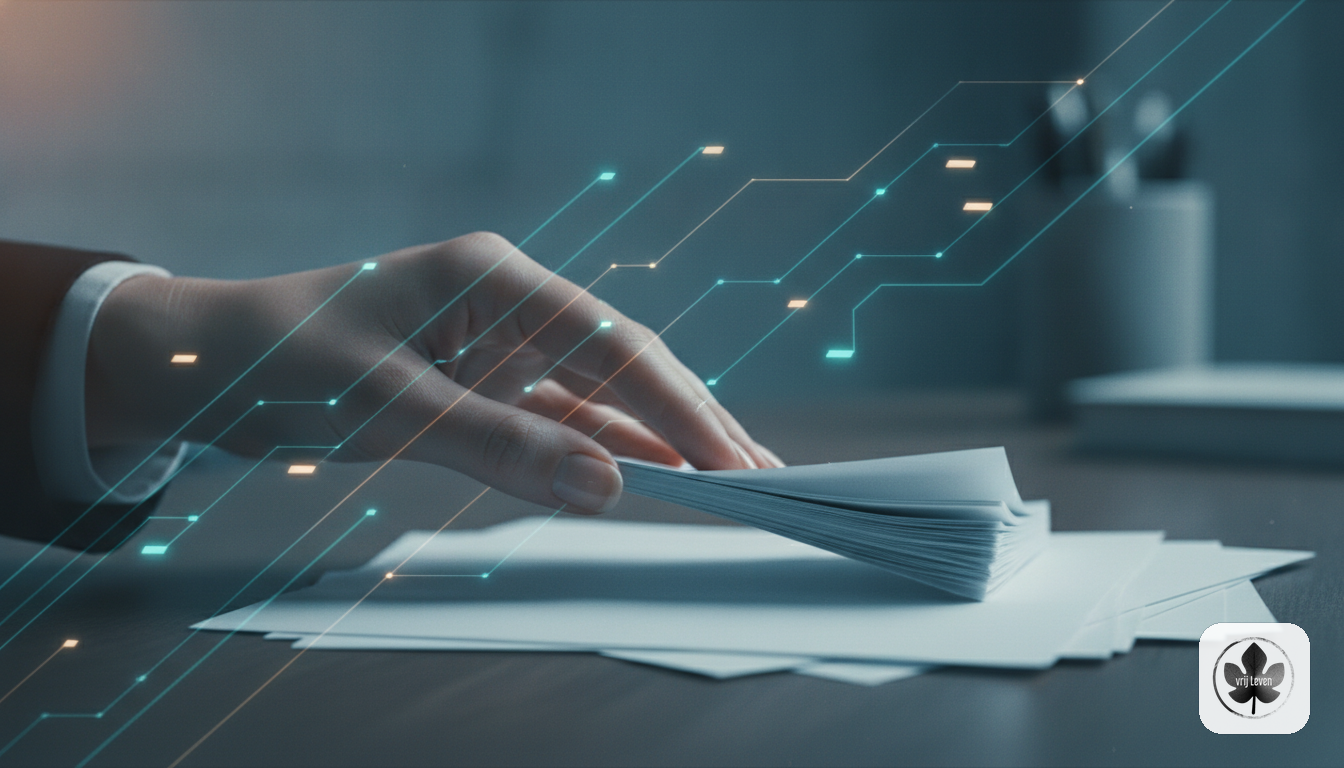Merkbeeld voor VrijLeven: an administration office where invoices, emails and client questions arrive cleanly pre-sorted with human approval moments highlighted