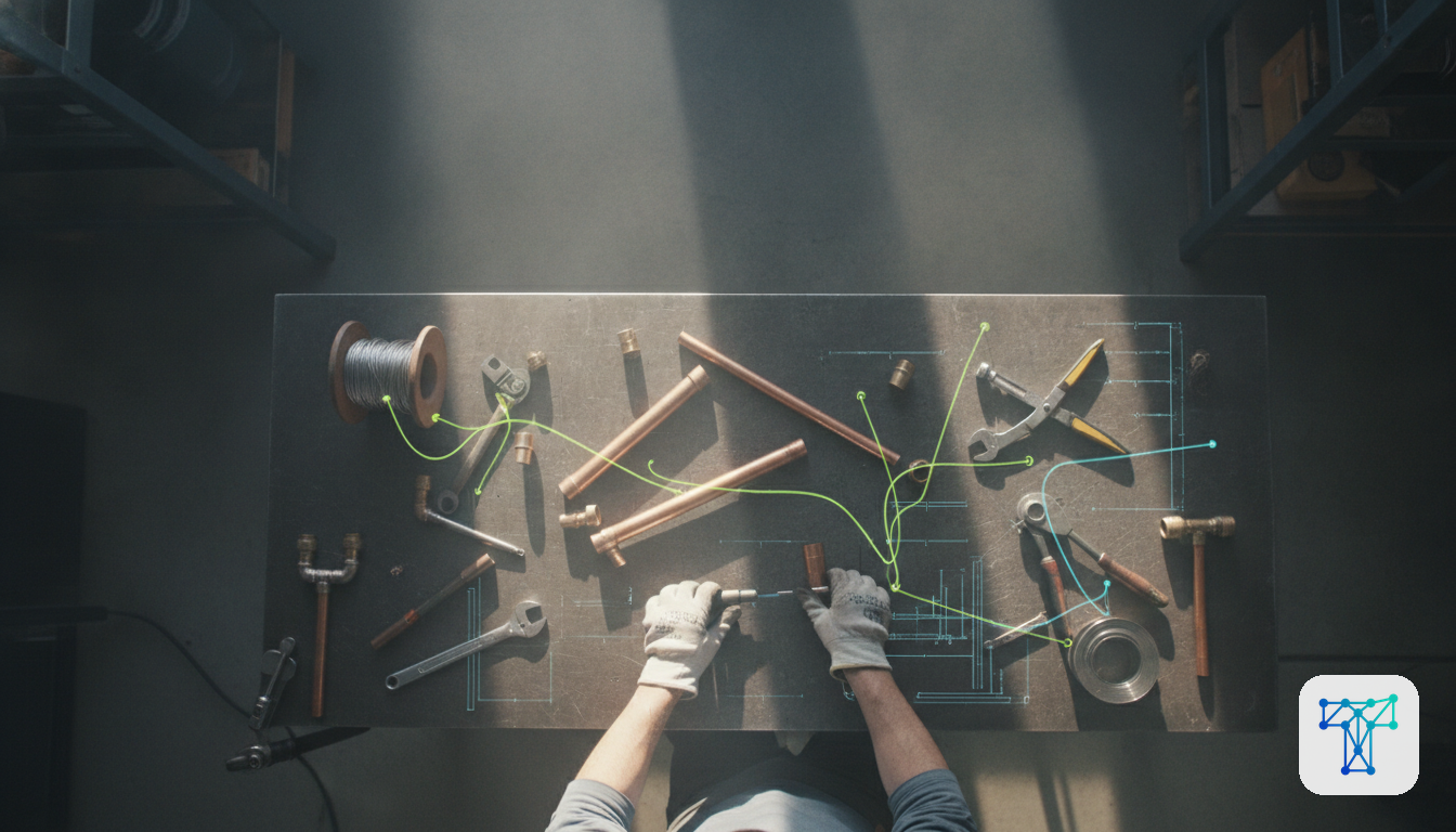 Merkbeeld voor Taklo: an installer preparing materials while work orders, stock and supplier flows are handled by an invisible back-office team