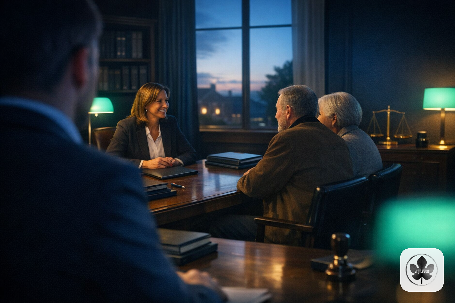 Merkbeeld voor VrijLeven: a notary or legal office where the client conversation stays human while secure portal intake, dossiers and checks are handled behind the scenes