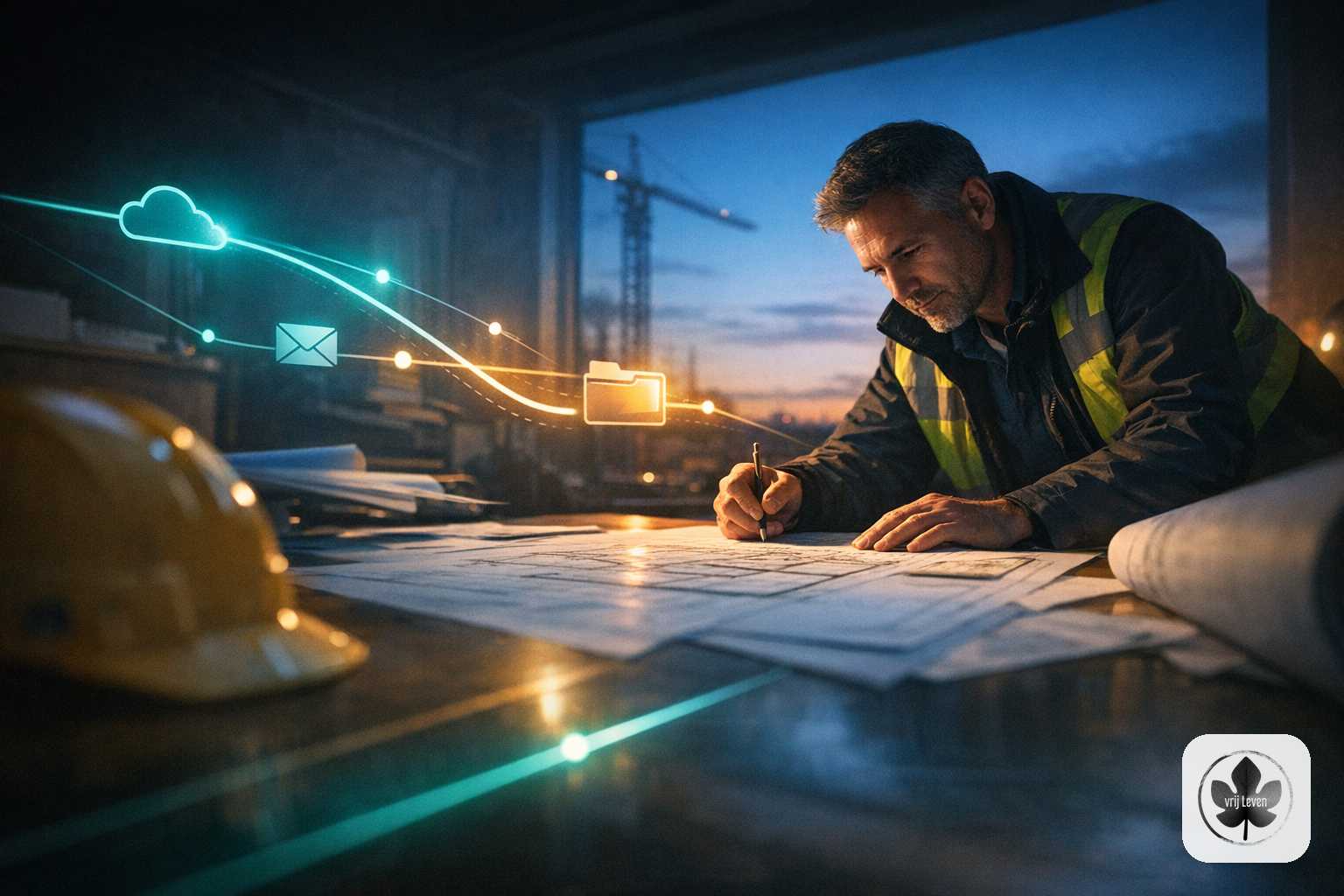 Merkbeeld voor VrijLeven: smart integrations across APIs, portals, inboxes and knowledge bases shown as calm infrastructure that opens up hidden business data