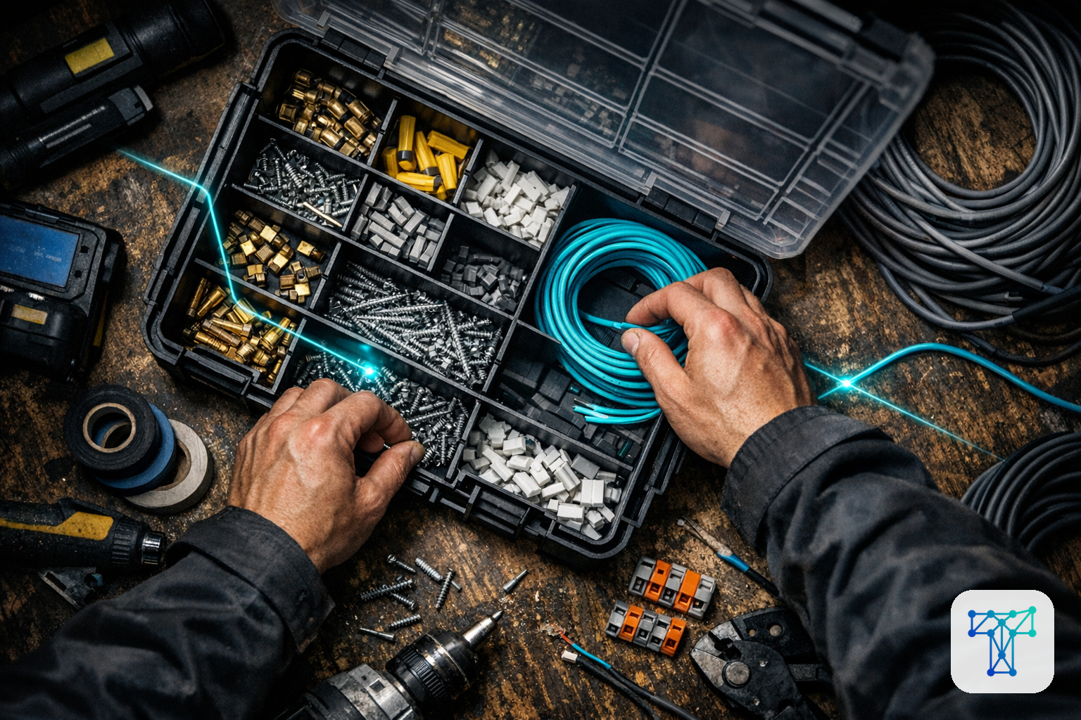 Merkbeeld voor Taklo: an installer preparing materials while work orders, stock and supplier flows are handled by an invisible back-office team
