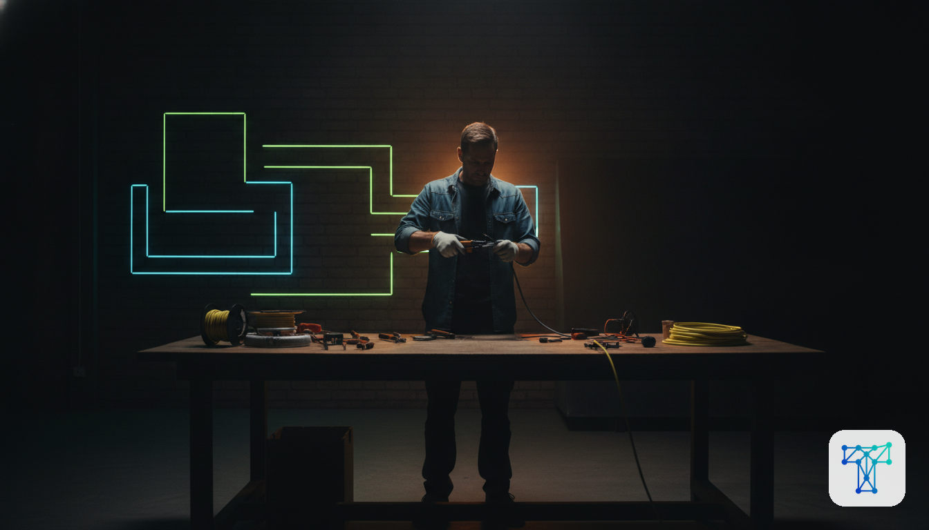 Merkbeeld voor Taklo: an installer preparing materials while work orders, stock and supplier flows are handled by an invisible back-office team