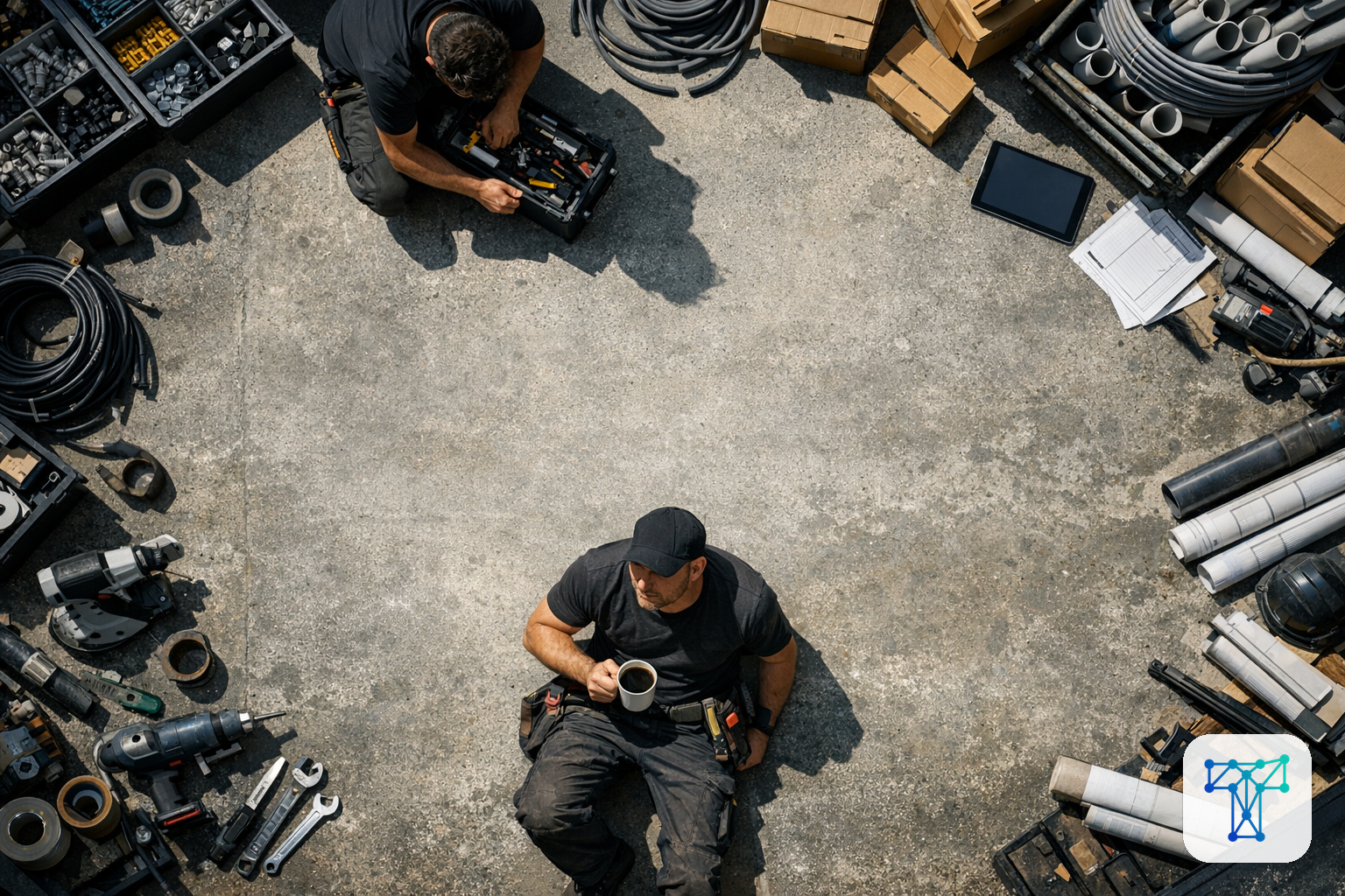 Merkbeeld voor Taklo: an installer preparing materials while work orders, stock and supplier flows are handled by an invisible back-office team