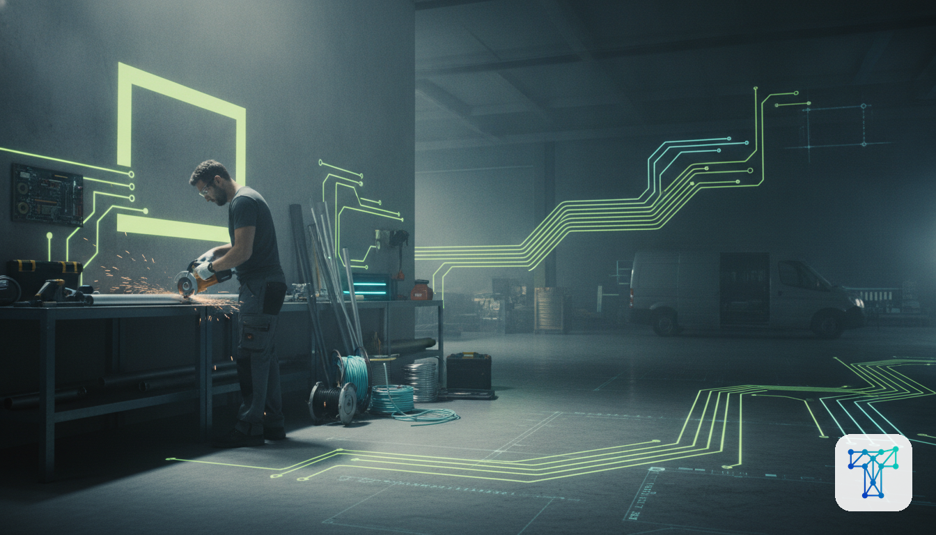Merkbeeld voor Taklo: an installer preparing materials while work orders, stock and supplier flows are handled by an invisible back-office team