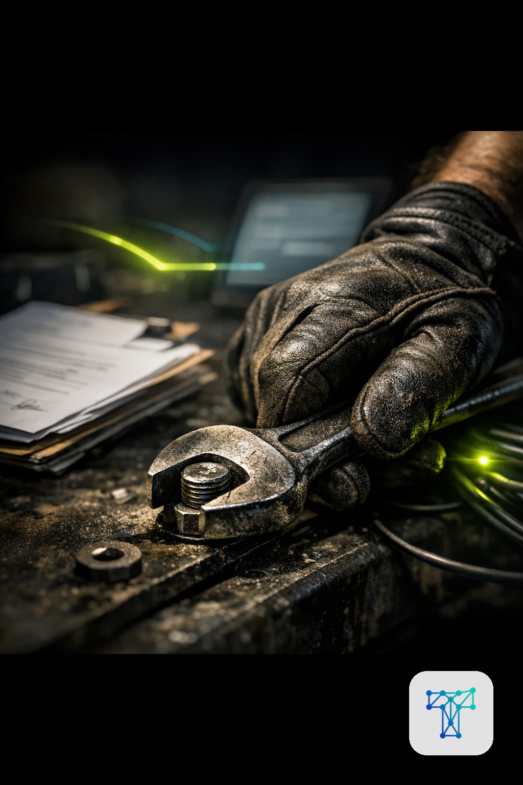 Merkbeeld voor Taklo: a vakman finishing a job while quote, signed work order and invoice move automatically through calm background panels