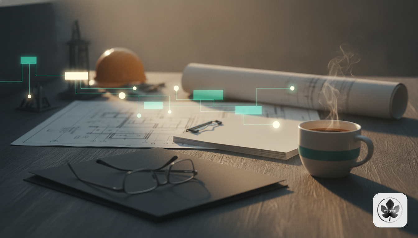 Merkbeeld voor VrijLeven: a construction or technical service planning table where requests, photos and documents are automatically structured before the team starts work