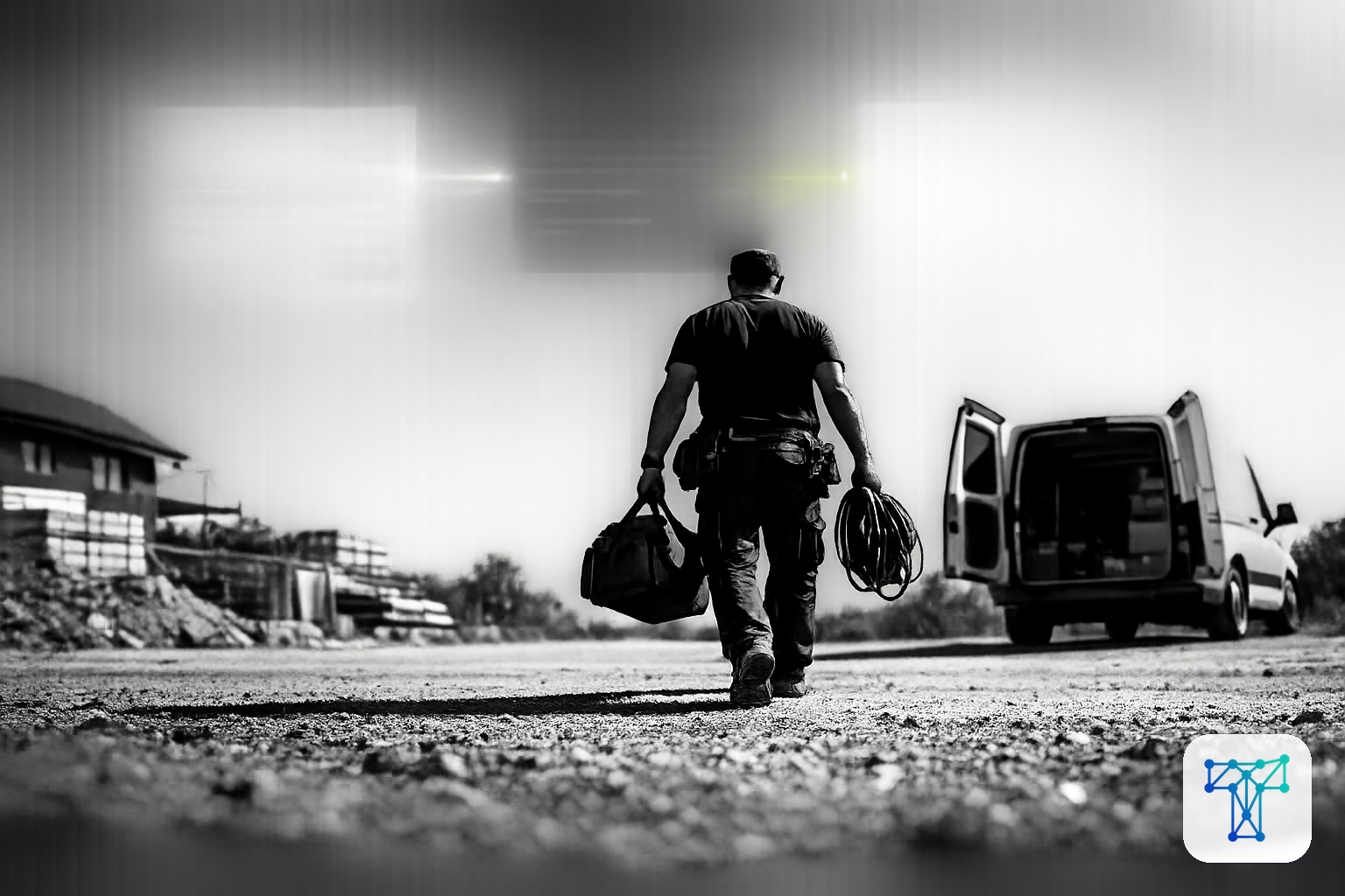 Merkbeeld voor Taklo: a vakman finishing a job while quote, signed work order and invoice move automatically through calm background panels