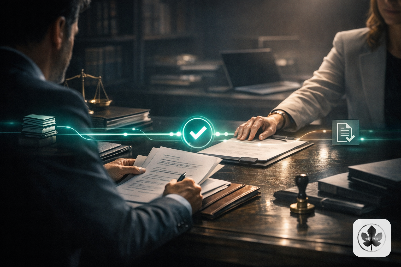 Merkbeeld voor VrijLeven: a professional team having real customer contact while AI automation quietly connects email, documents, CRM, calendar and accounting in the background