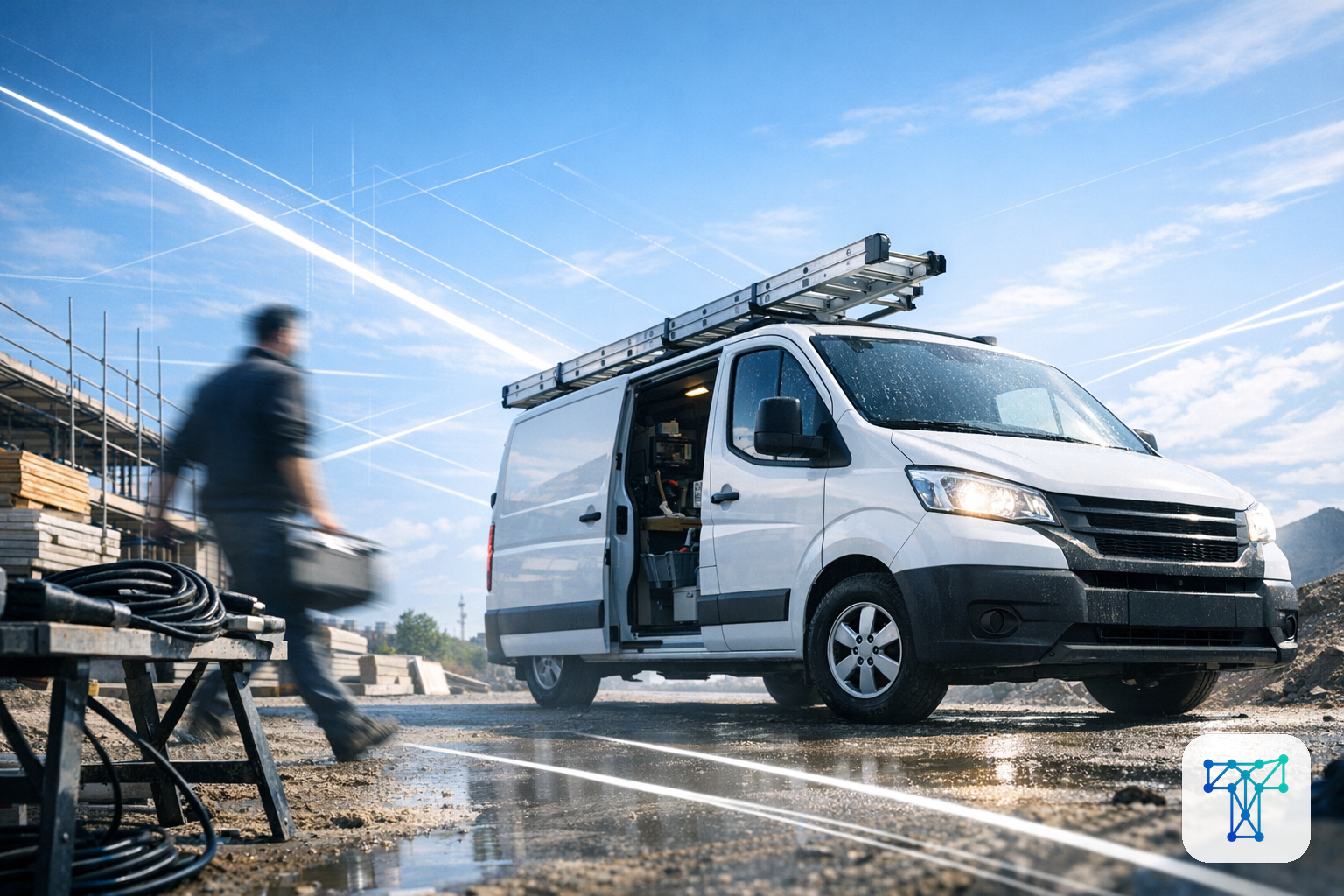 Merkbeeld voor Taklo: a service van and technician in motion while customer portal, photo proof, signed work order and invoice handoff happen automatically