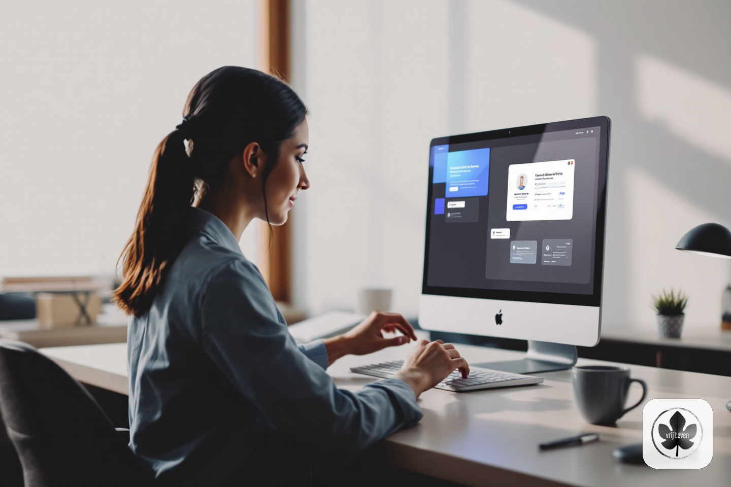 Merkbeeld voor VrijLeven: an administration office where invoices, emails and client questions arrive cleanly pre-sorted with human approval moments highlighted