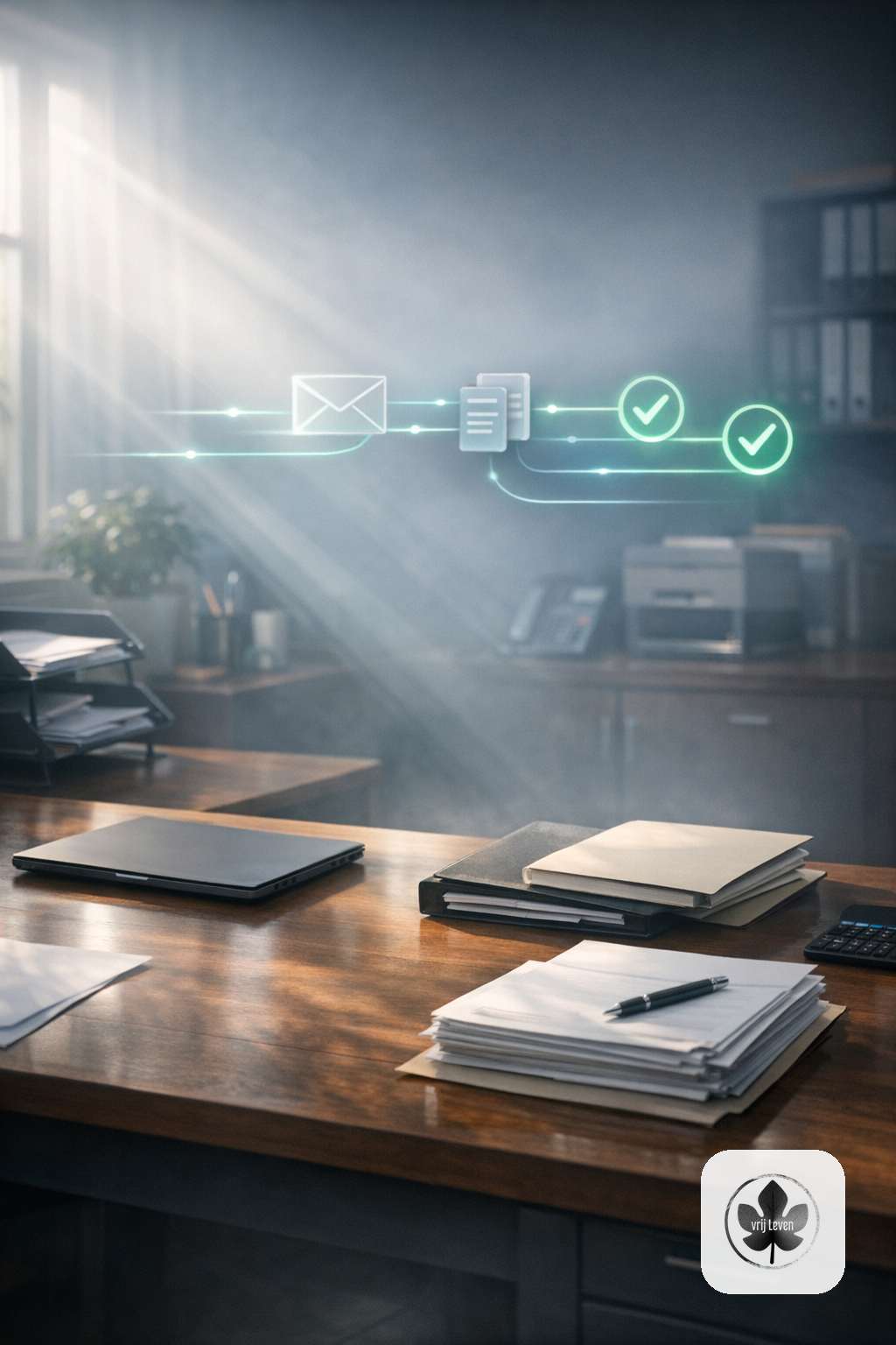 Merkbeeld voor VrijLeven: an administration office where invoices, emails and client questions arrive cleanly pre-sorted with human approval moments highlighted