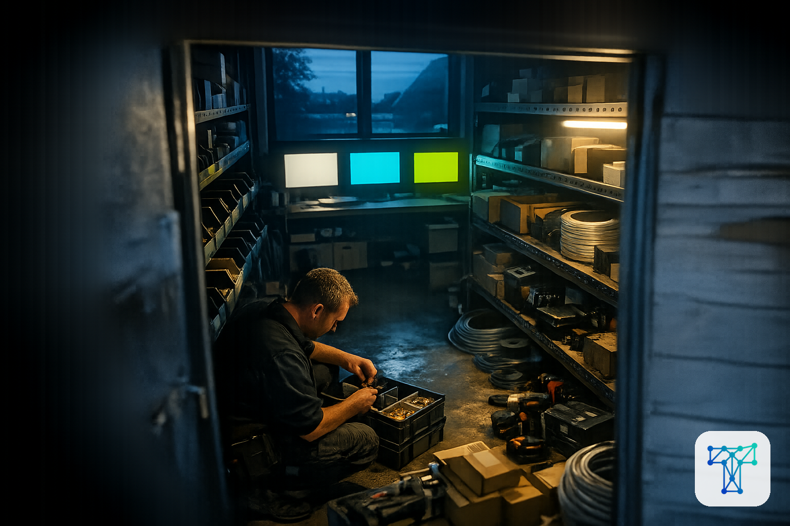 Merkbeeld voor Taklo: a vakman finishing a job while quote, signed work order and invoice move automatically through calm background panels