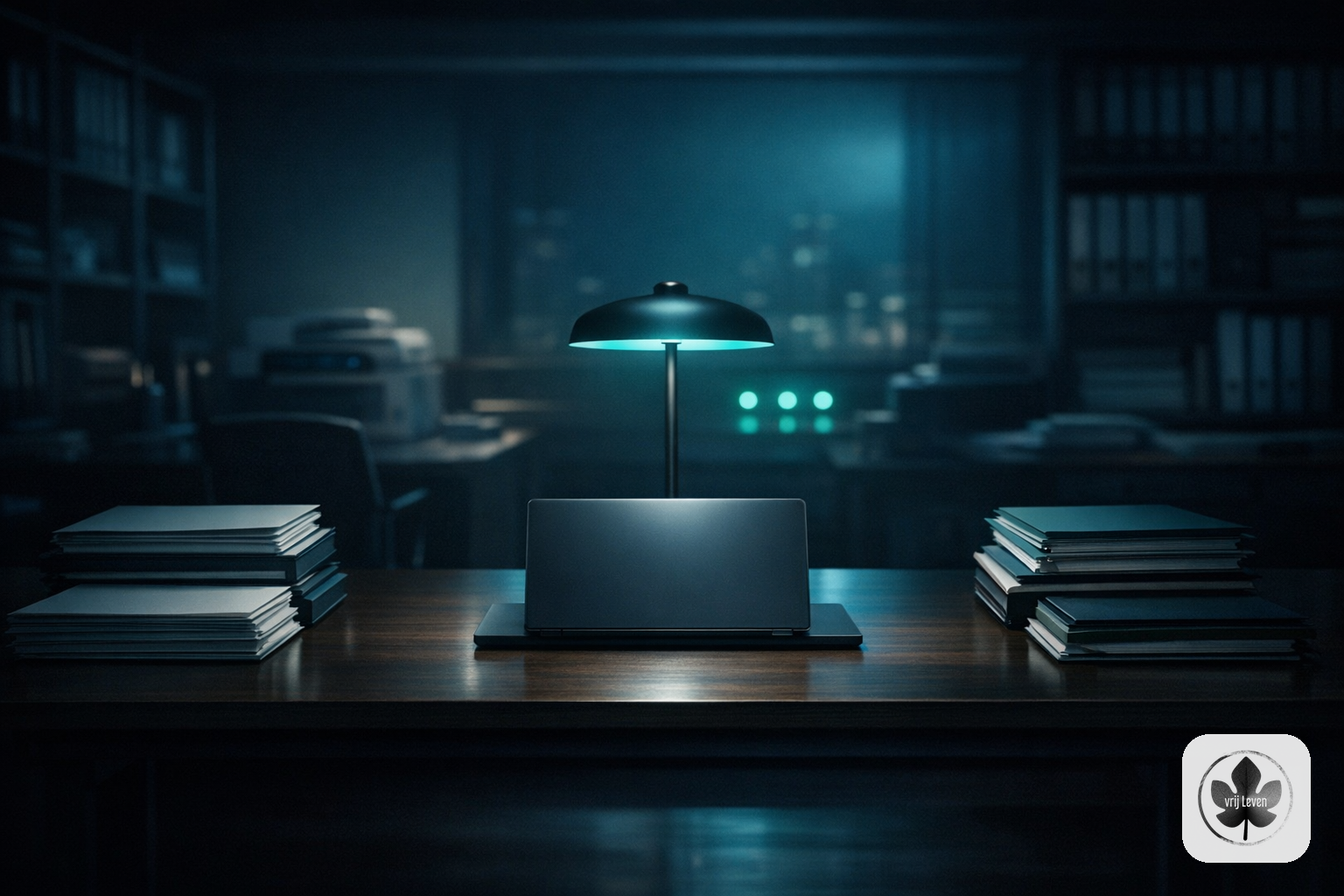 Merkbeeld voor VrijLeven: an administration office where invoices, emails and client questions arrive cleanly pre-sorted with human approval moments highlighted
