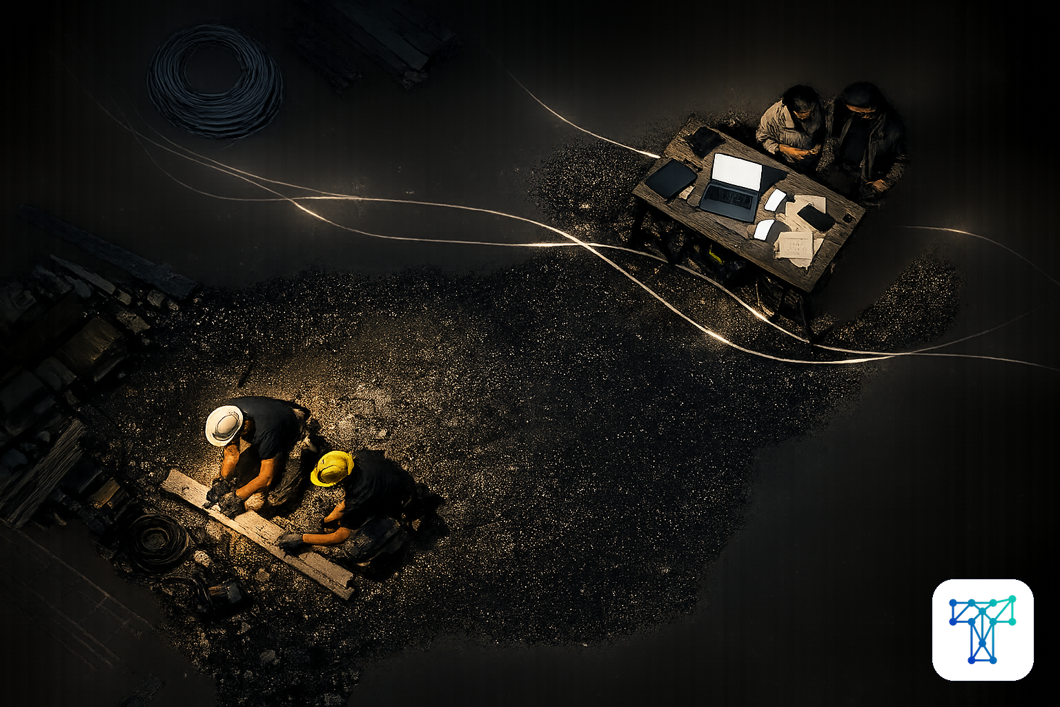 Merkbeeld voor Taklo: a small construction team on site while customer updates, team availability and planning are handled off to the side