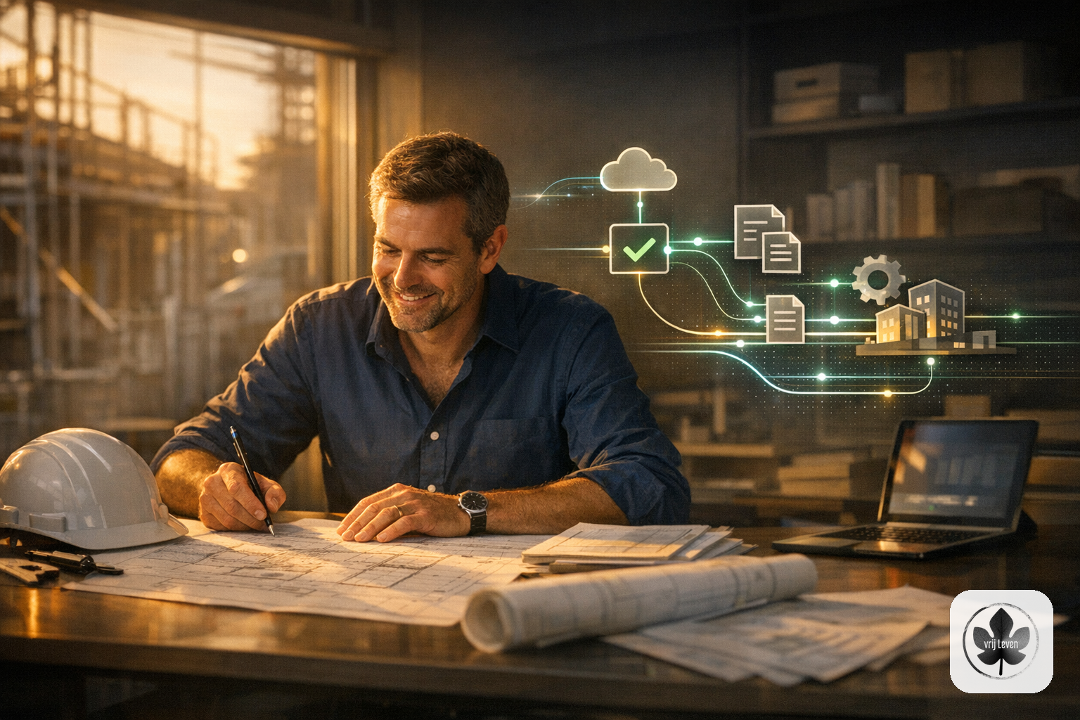 Editoriale visual voor VrijLeven: Approval brief: maatwerk software mkb: praktische route voor https://vrijleven.nu/bouwen page_load
