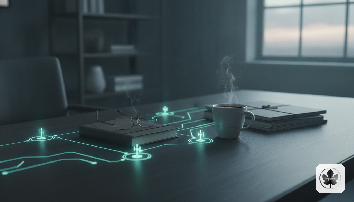 Merkbeeld voor VrijLeven: smart integrations across APIs, portals, inboxes and knowledge bases shown as calm infrastructure that opens up hidden business data