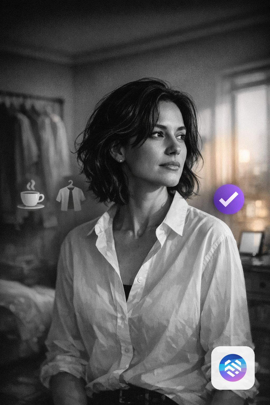 Merkbeeld voor Sederor: a calm adult morning routine where subtle floating task cues guide independent action without needing to look at a screen