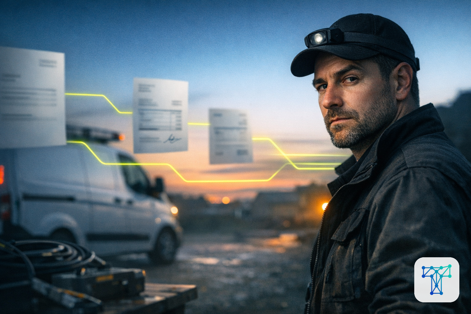 Merkbeeld voor Taklo: a vakman finishing a job while quote, signed work order and invoice move automatically through calm background panels