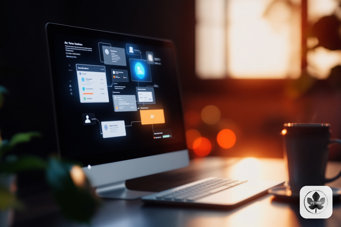 Merkbeeld voor VrijLeven: a notary or legal office where the client conversation stays human while secure portal intake, dossiers and checks are handled behind the scenes