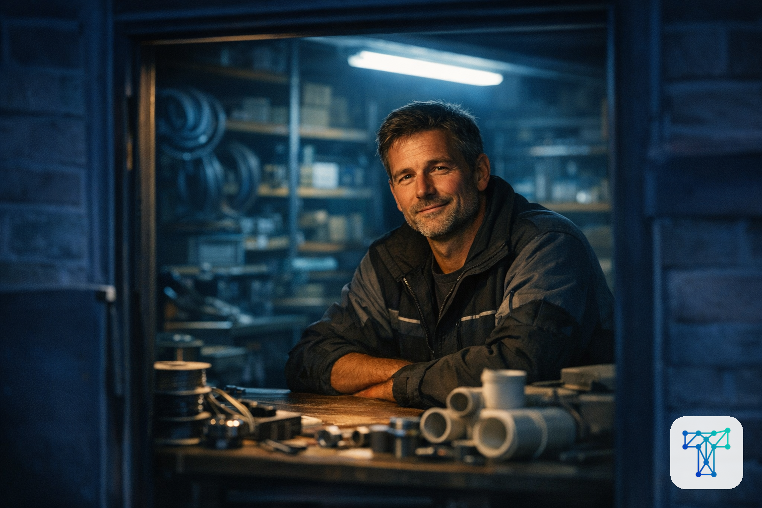 Merkbeeld voor Taklo: an installer preparing materials while work orders, stock and supplier flows are handled by an invisible back-office team