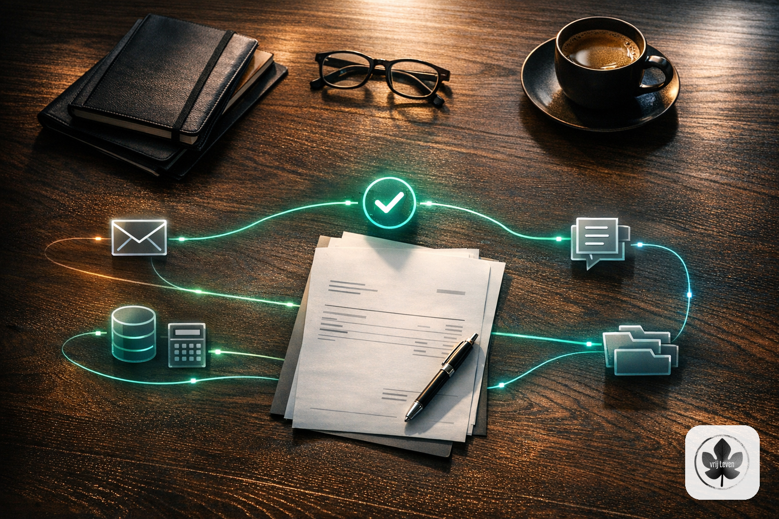 Merkbeeld voor VrijLeven: an administration office where invoices, emails and client questions arrive cleanly pre-sorted with human approval moments highlighted