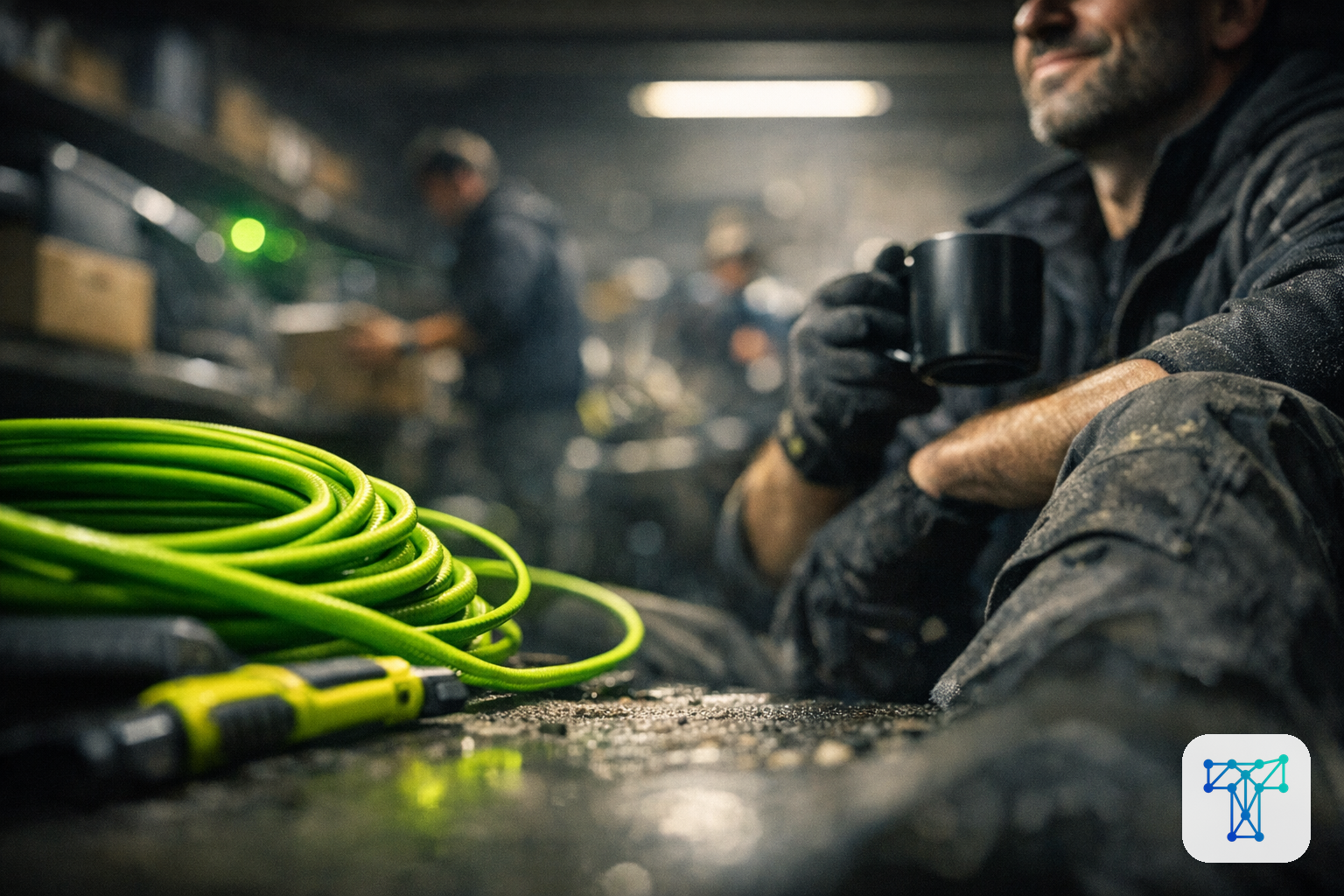 Merkbeeld voor Taklo: an installer preparing materials while work orders, stock and supplier flows are handled by an invisible back-office team
