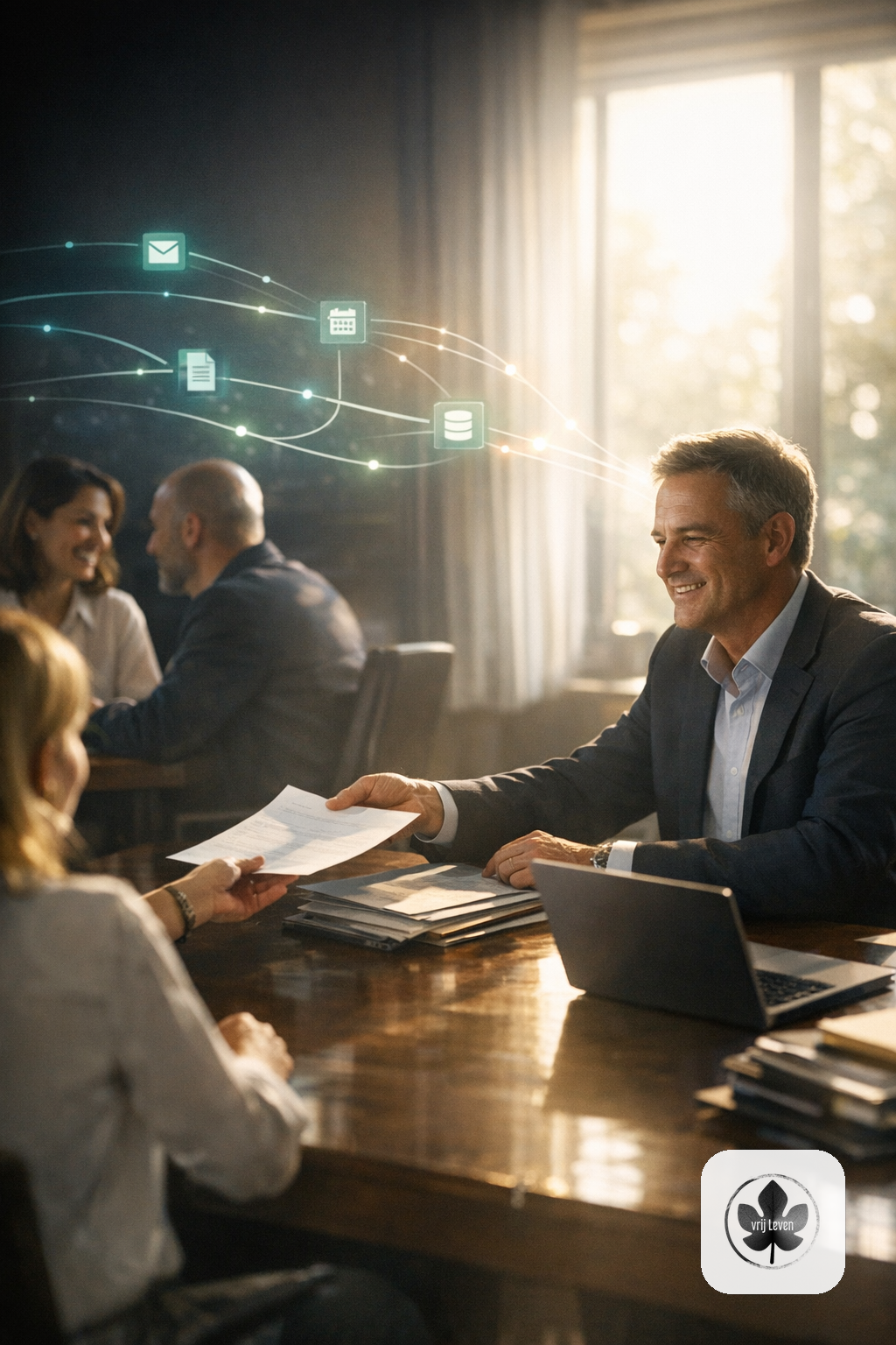 Merkbeeld voor VrijLeven: a professional team having real customer contact while AI automation quietly connects email, documents, CRM, calendar and accounting in the background