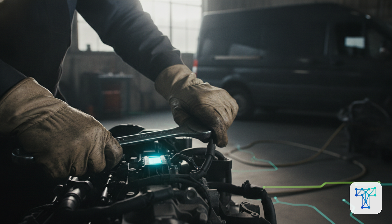 Merkbeeld voor Taklo: a mechanic focused on real installation work while Taklo quietly handles incoming calls, messages and route planning as background layers