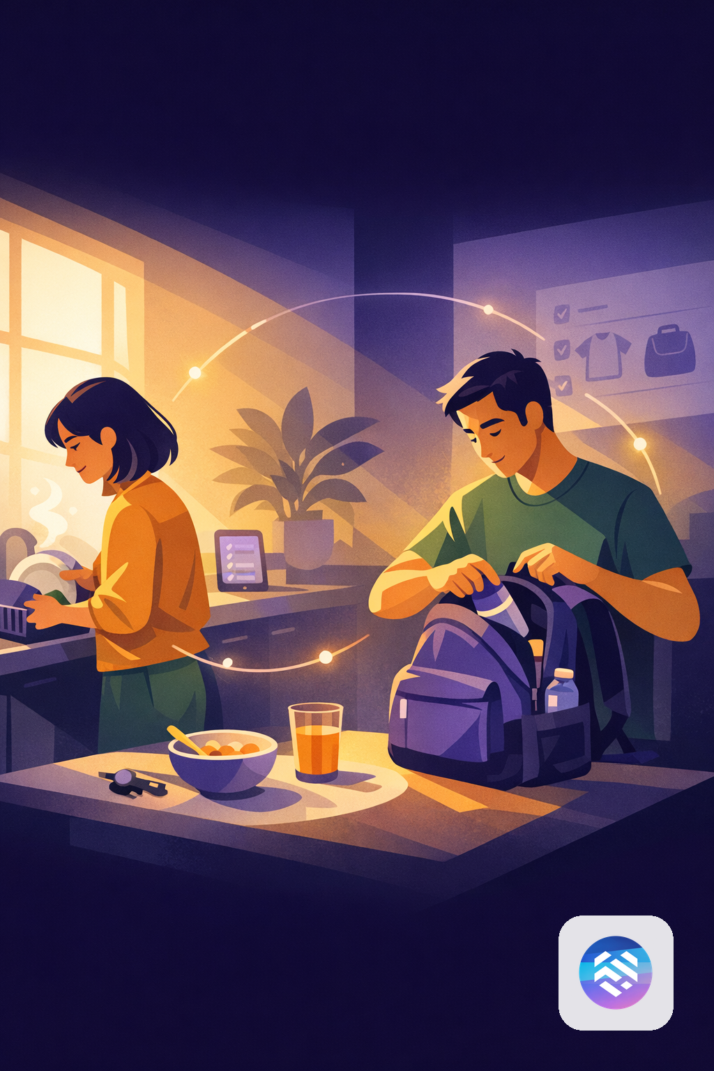 Merkbeeld voor Sederor: a couple sharing household tasks with soft ownership cues in the room and one small background app guide