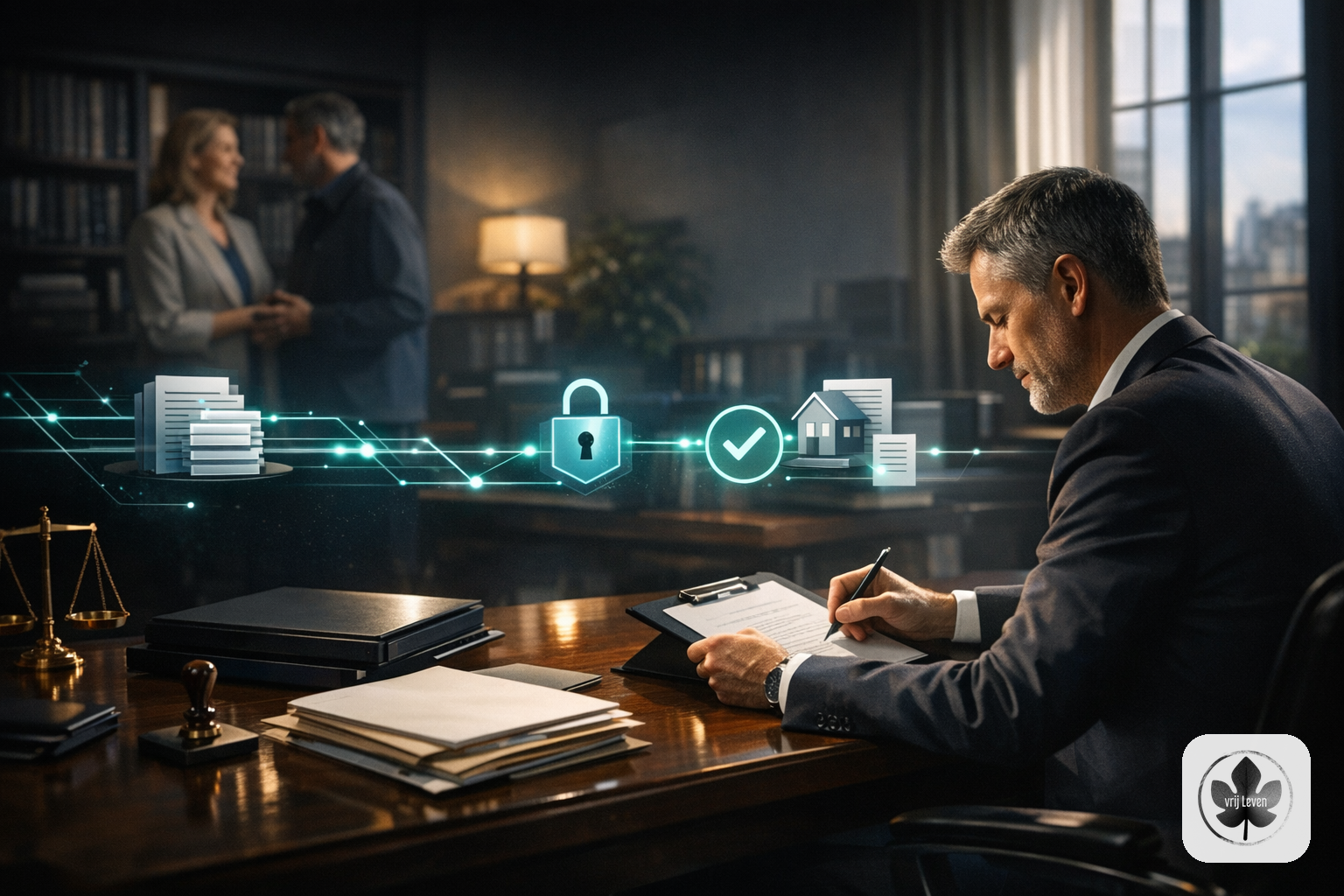 Editoriale visual voor VrijLeven: AI-automatisering voor het MKB: Begin Klein, Meetbaar en Veilig