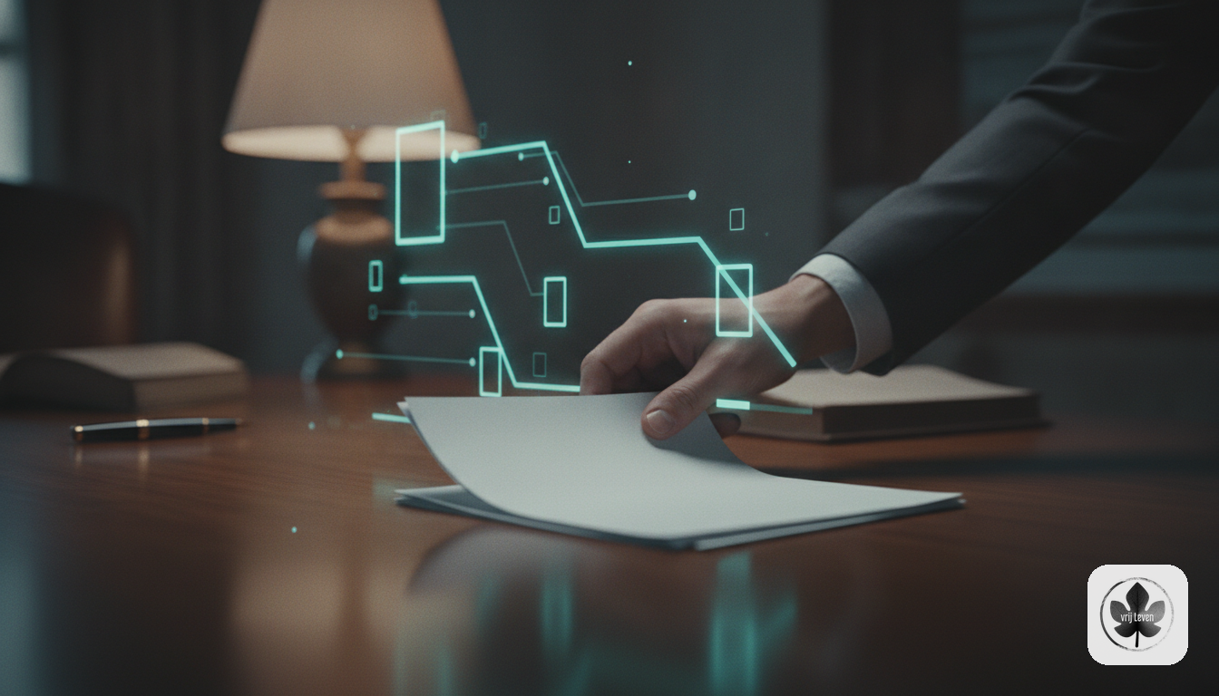 Merkbeeld voor VrijLeven: an administration office where invoices, emails and client questions arrive cleanly pre-sorted with human approval moments highlighted