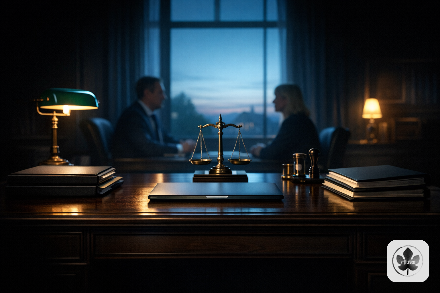 Merkbeeld voor VrijLeven: a notary or legal office where the client conversation stays human while secure portal intake, dossiers and checks are handled behind the scenes