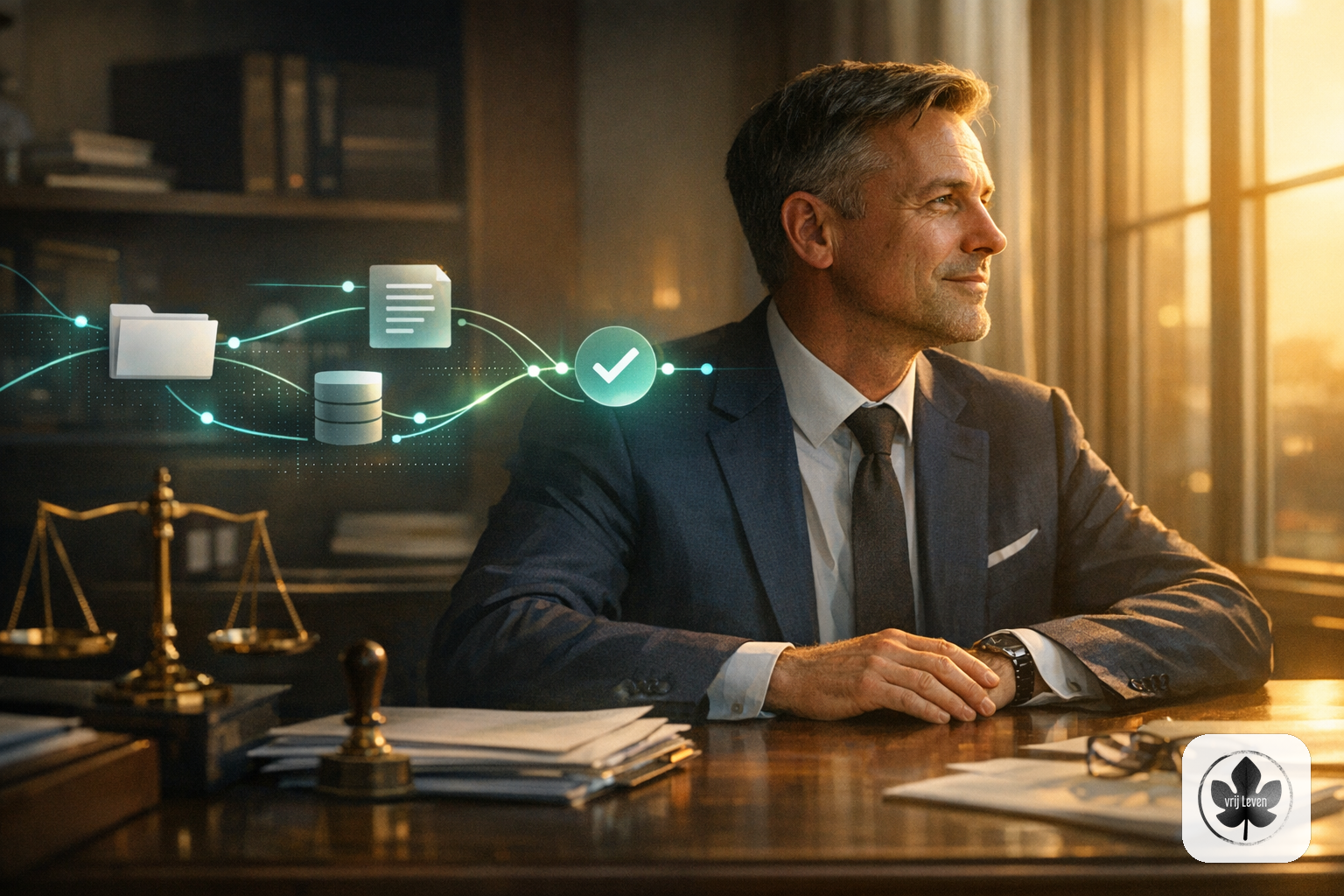 Merkbeeld voor VrijLeven: a notary or legal office where the client conversation stays human while secure portal intake, dossiers and checks are handled behind the scenes