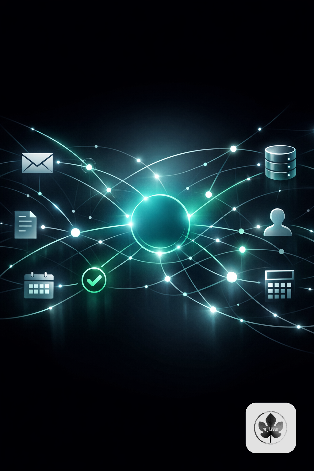 Merkbeeld voor VrijLeven: a professional team having real customer contact while AI automation quietly connects email, documents, CRM, calendar and accounting in the background