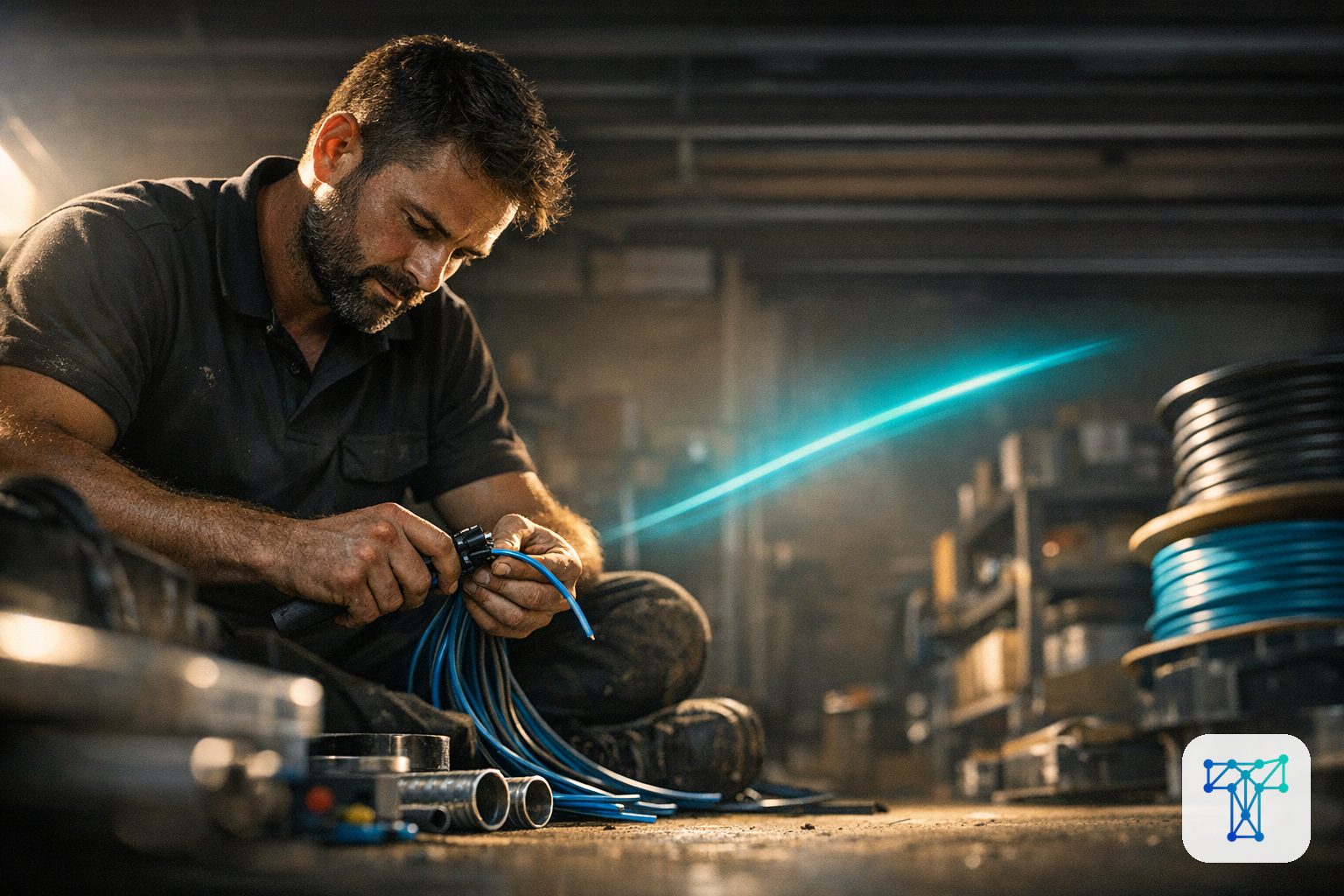 Merkbeeld voor Taklo: an installer preparing materials while work orders, stock and supplier flows are handled by an invisible back-office team
