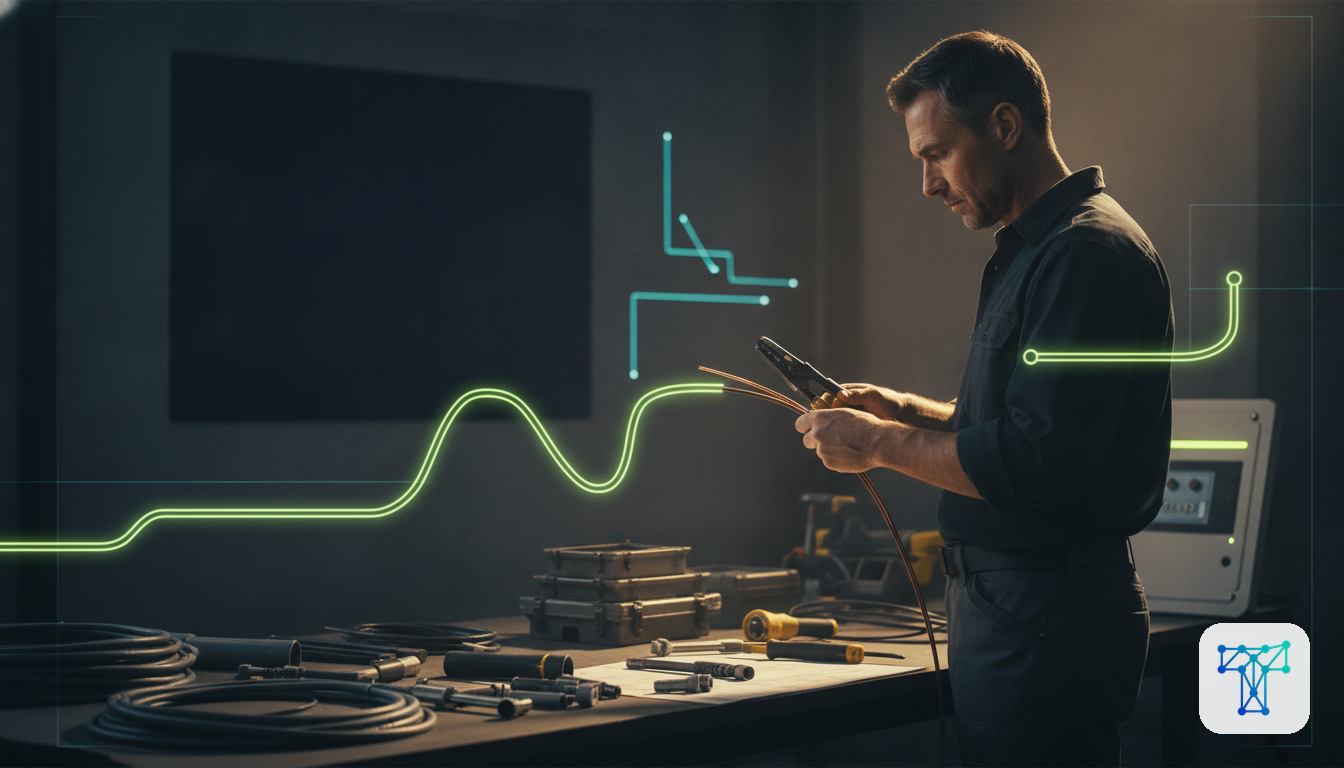 Merkbeeld voor Taklo: an installer preparing materials while work orders, stock and supplier flows are handled by an invisible back-office team